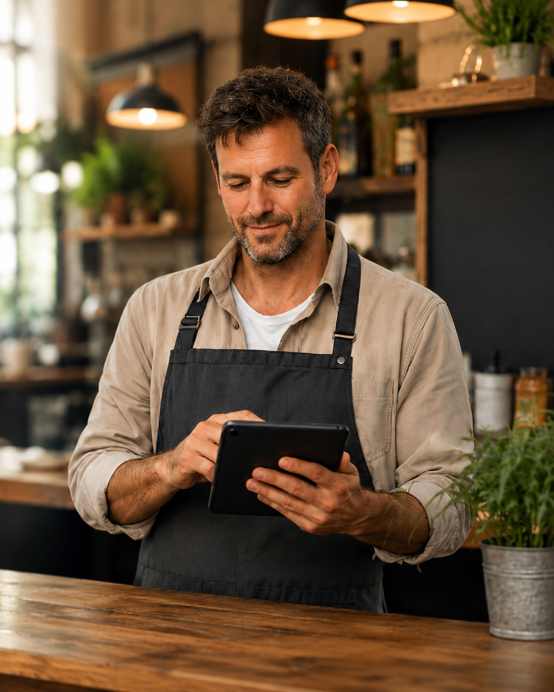 Restaurateur utilisant une tablette dans son établissement
