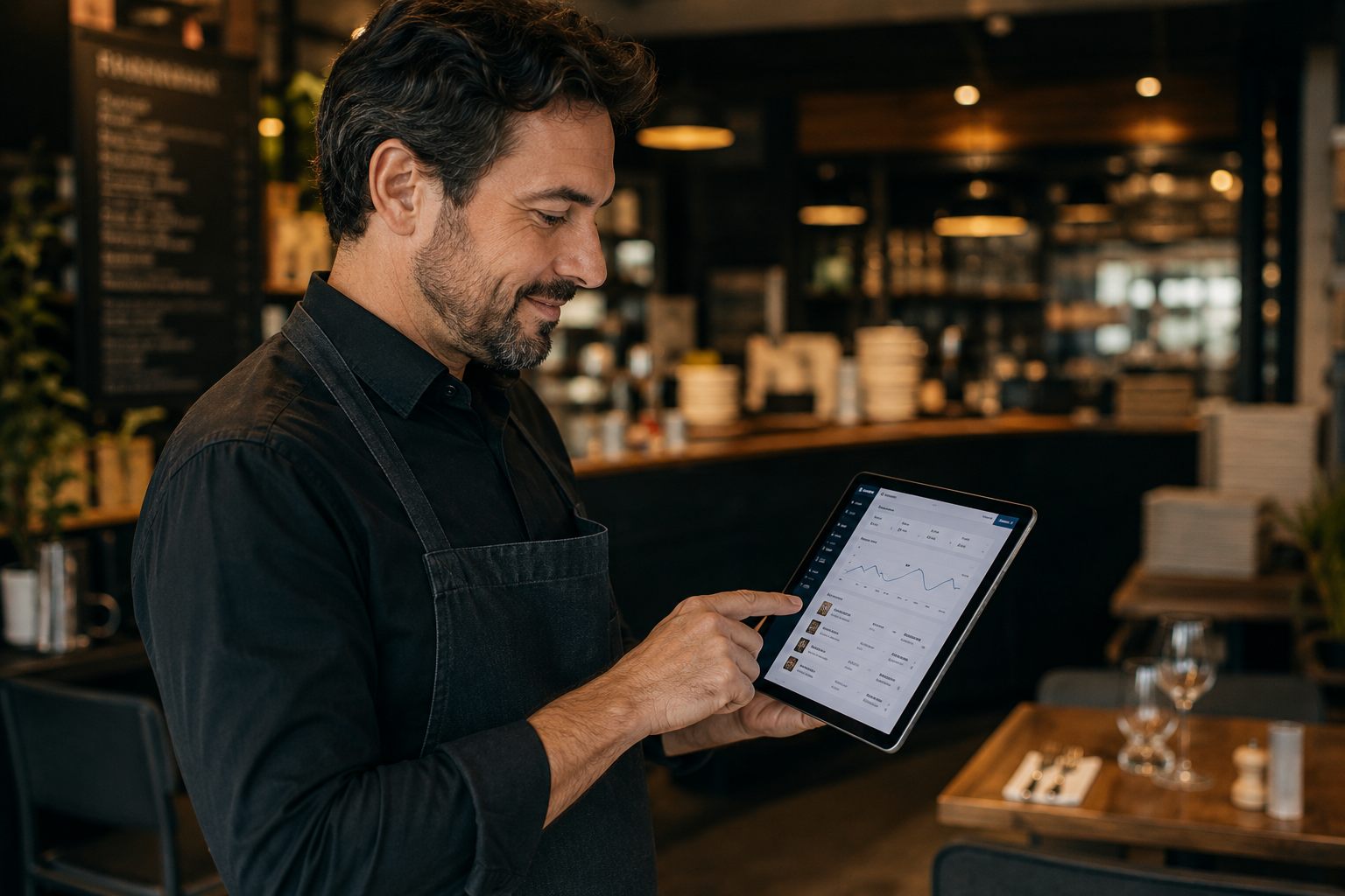 Un restaurateur consulte un outil numérique dans son établissement